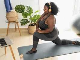 representation of a fat women doing yoga to lose weight, probably undergoing menopause.